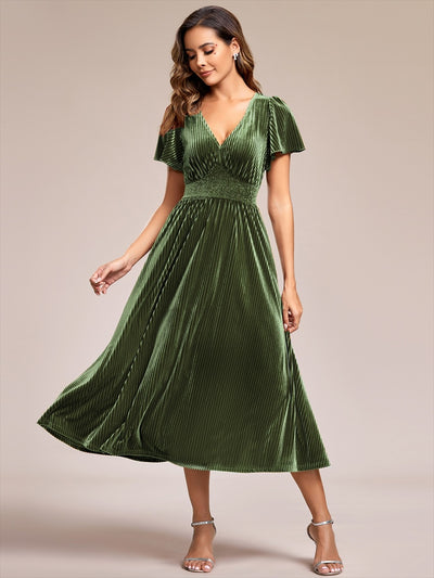 ever AZALEA|Robe invitée mariage mi-longue en velours d'automne à manches courtes et col en V gracieux