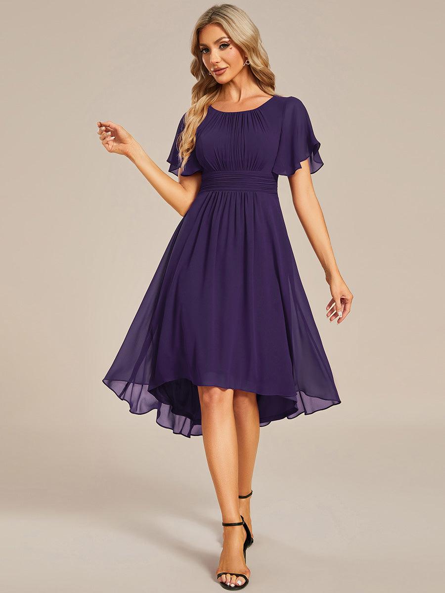 Robe d'invité de mariage trapèze en mousseline fluide à encolure ronde et longueur au genou #Couleur_Violet Fonce