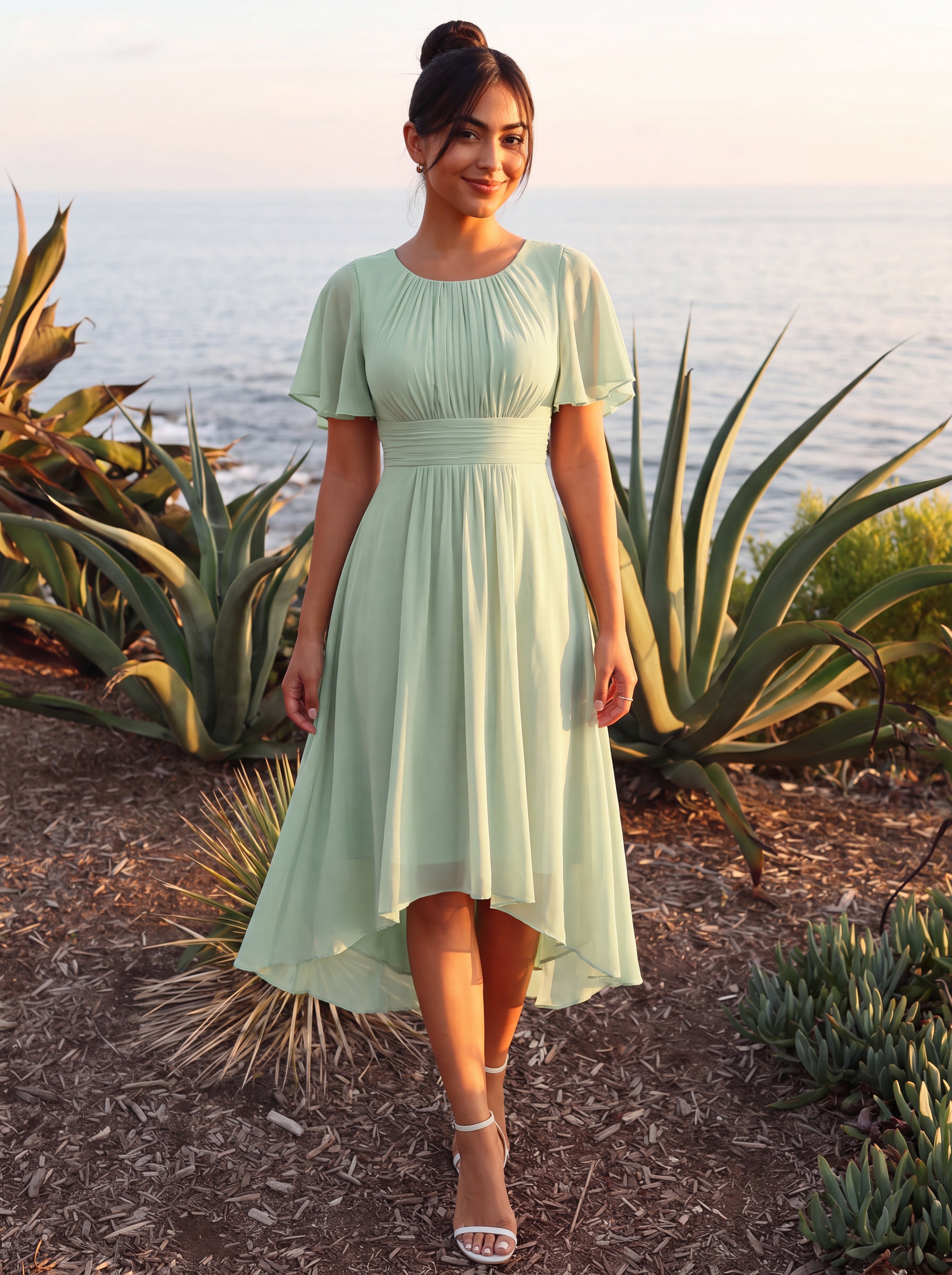 Robe d'invité de mariage trapèze en mousseline fluide à encolure ronde et longueur au genou #Couleur_Menthe Verte