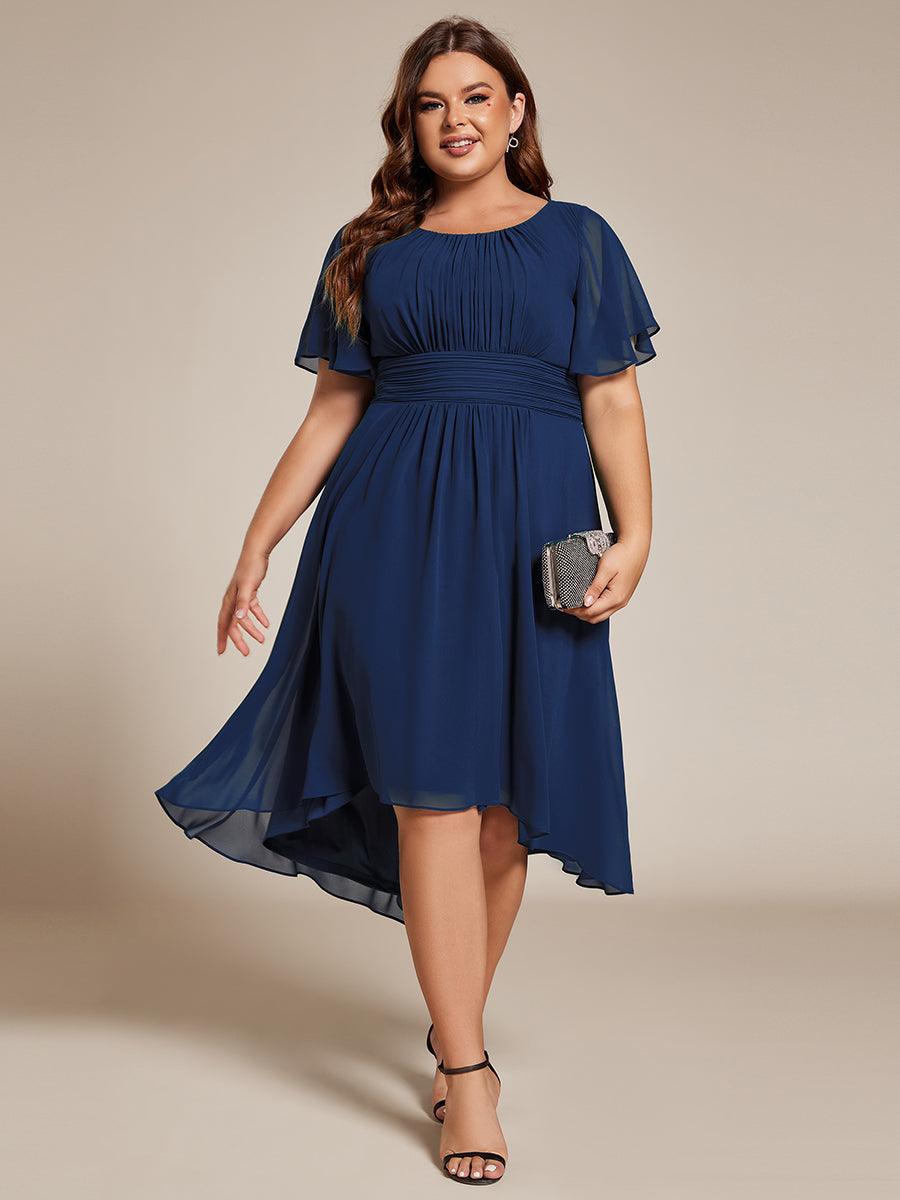 Robe d'invité de mariage trapèze en mousseline fluide à encolure ronde et longueur au genou #Couleur_Bleu Marine
