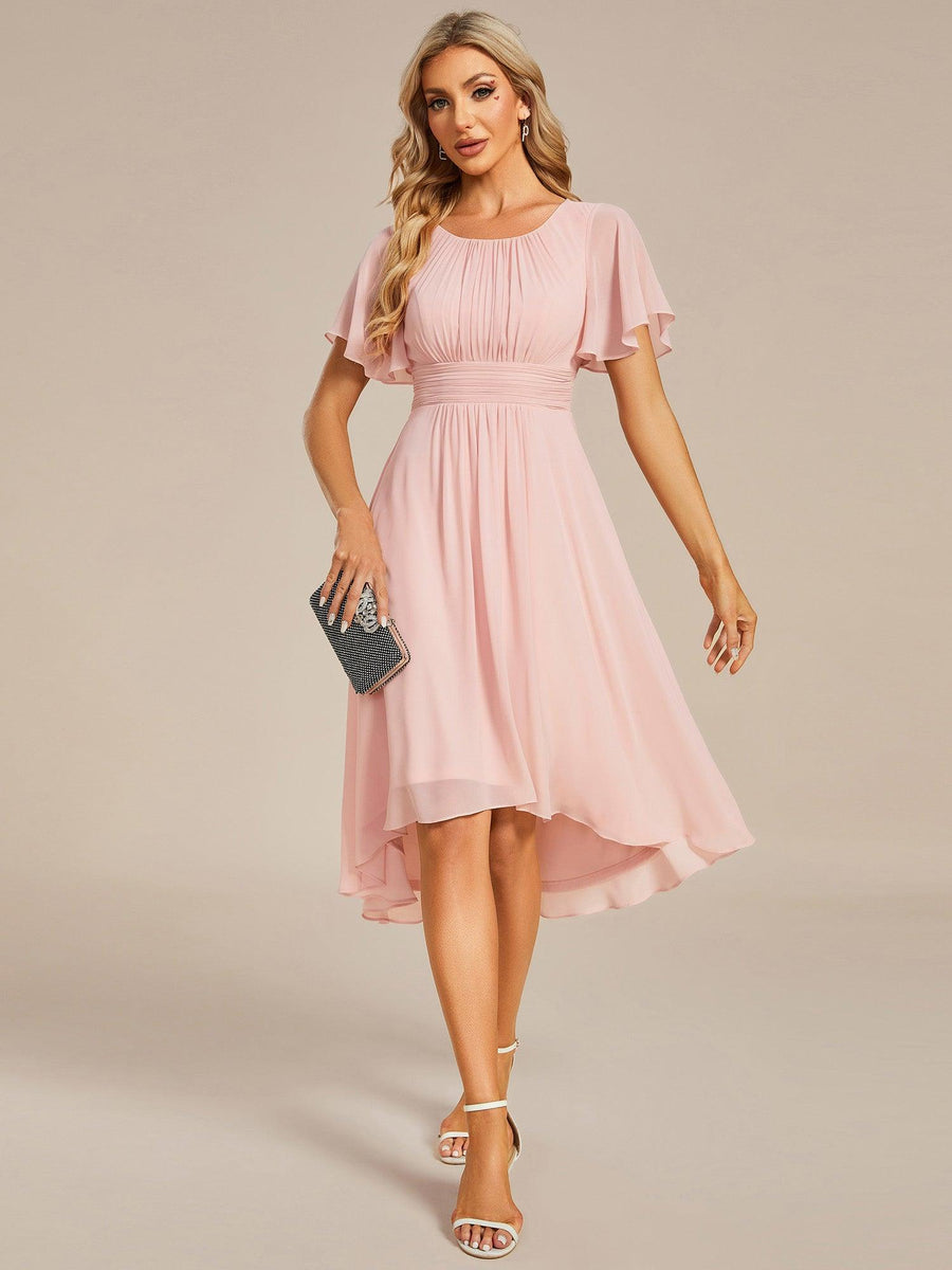 Robe d'invité de mariage trapèze en mousseline fluide à encolure ronde et longueur au genou #Couleur_Rose