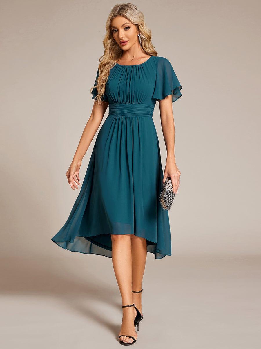 Robe d'invité de mariage trapèze en mousseline fluide à encolure ronde et longueur au genou #Couleur_Bleu Sarcelle