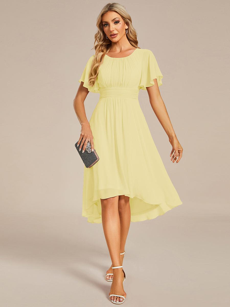 Robe d'invité de mariage trapèze en mousseline fluide à encolure ronde et longueur au genou #Couleur_Jaune
