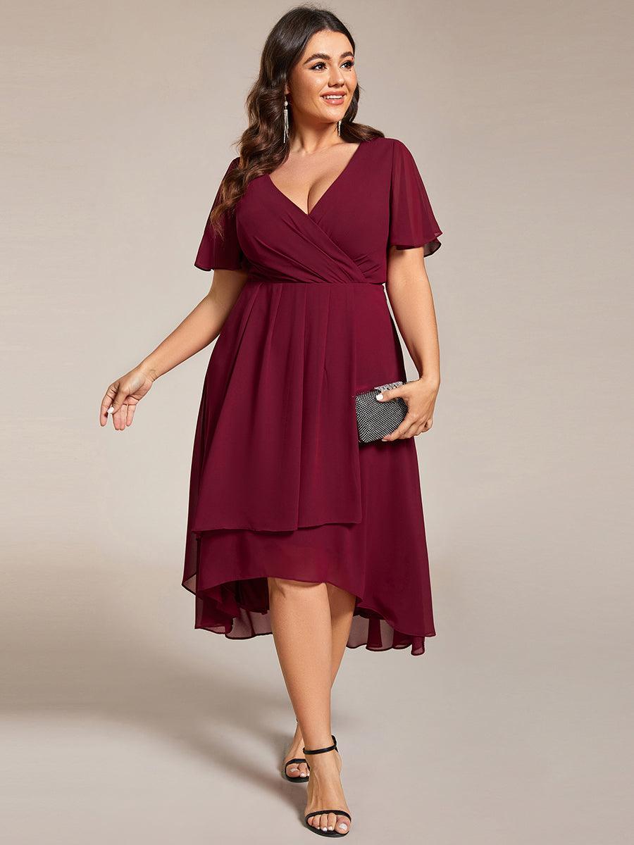 Grande Taille Robe D'invit?¡ã| De Mariage Mi-Longue Pliss?¡ã|e En Mousseline De Soie ?¡㡧N Manches Courtes Et Col En V De #Couleur_Bordeaux