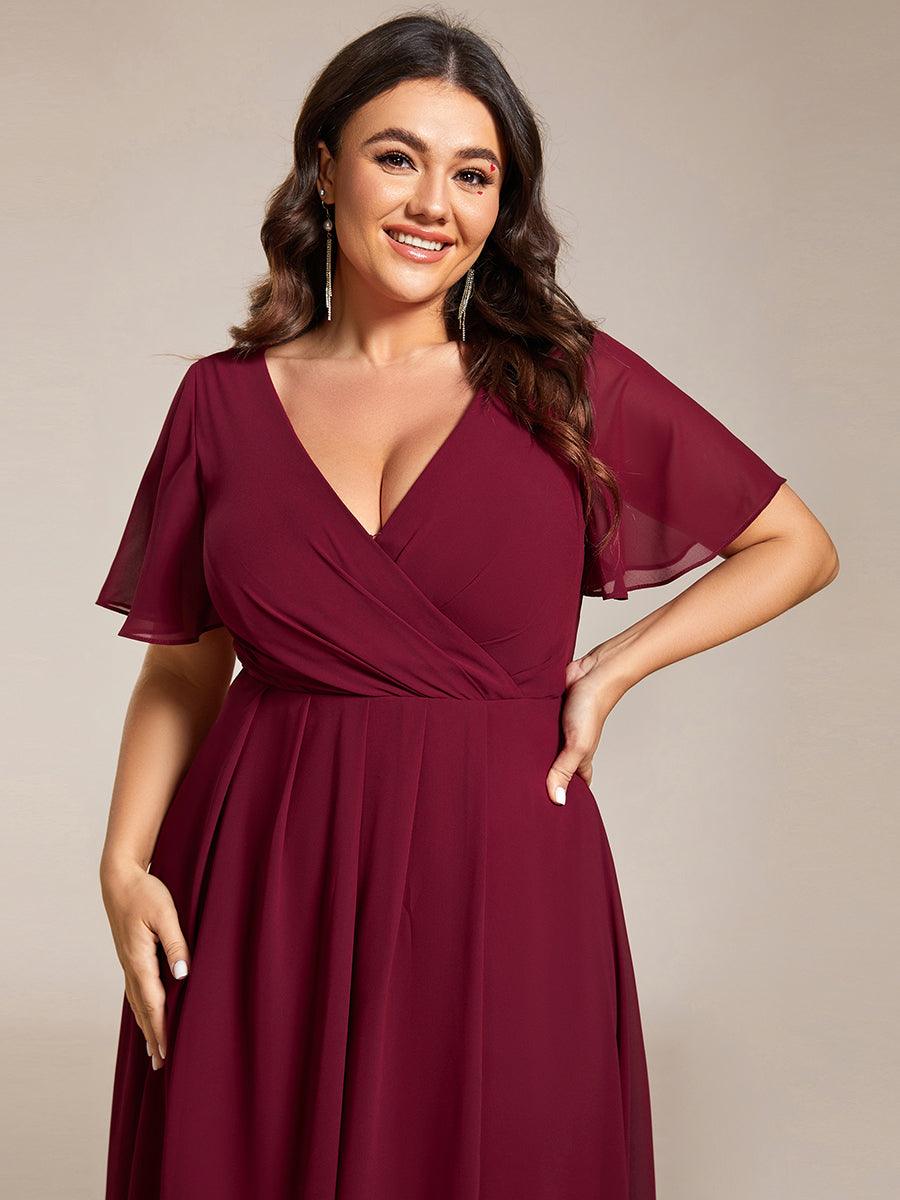 Grande Taille Robe D'invit?¡ã| De Mariage Mi-Longue Pliss?¡ã|e En Mousseline De Soie ?¡㡧N Manches Courtes Et Col En V De #Couleur_Bordeaux