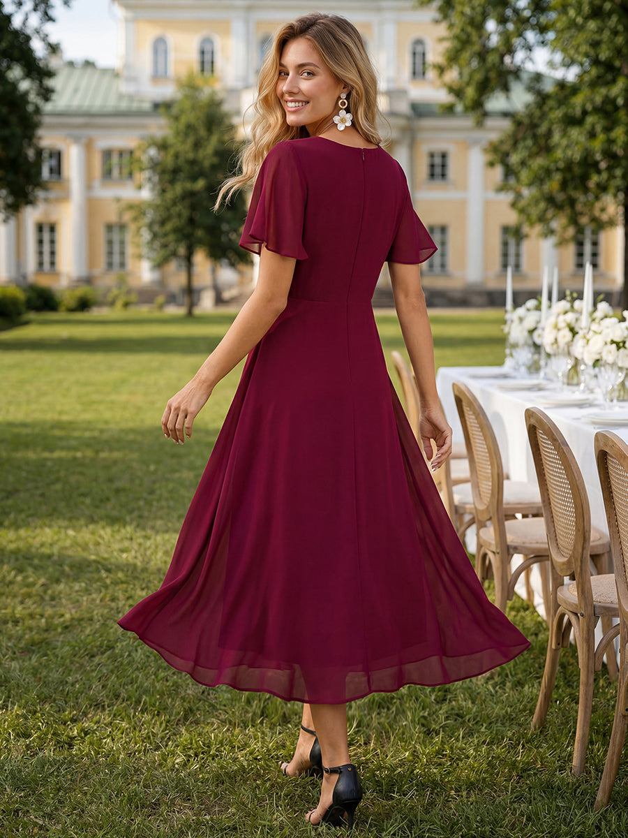Robe D'invité De Mariage En Mousseline De Soie Mi-Longue Plissée à Manches à Volants Et Col En V #Couleur_Bordeaux