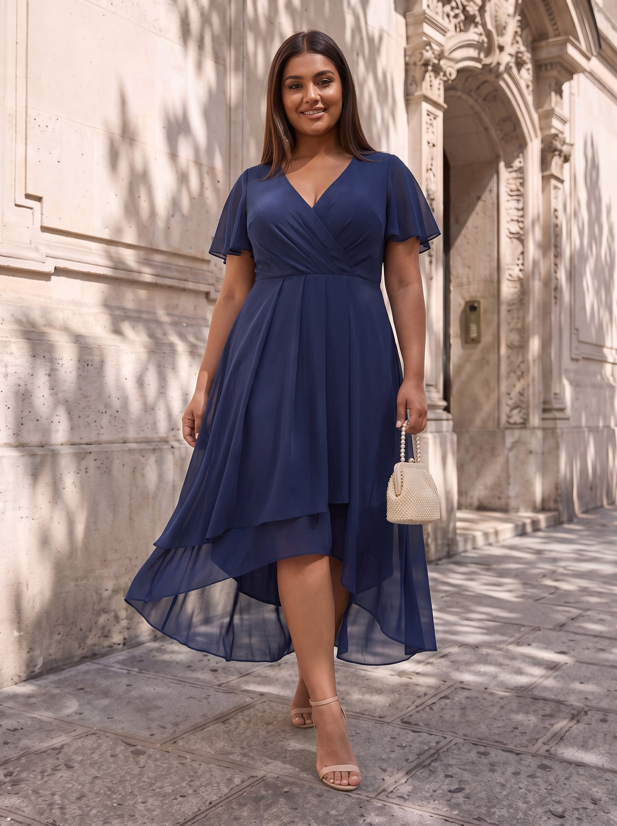 Grande Taille Robe D'invit???| De Mariage Mi-Longue Pliss???|e En Mousseline De Soie ???N Manches Courtes Et Col En V De #Couleur_Bleu Marine