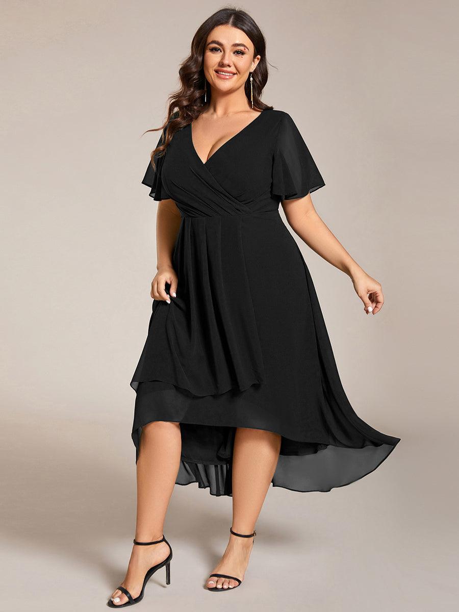 Grande Taille Robe D'invit?¡ã| De Mariage Mi-Longue Pliss?¡ã|e En Mousseline De Soie ?¡㡧N Manches Courtes Et Col En V De #Couleur_Noir