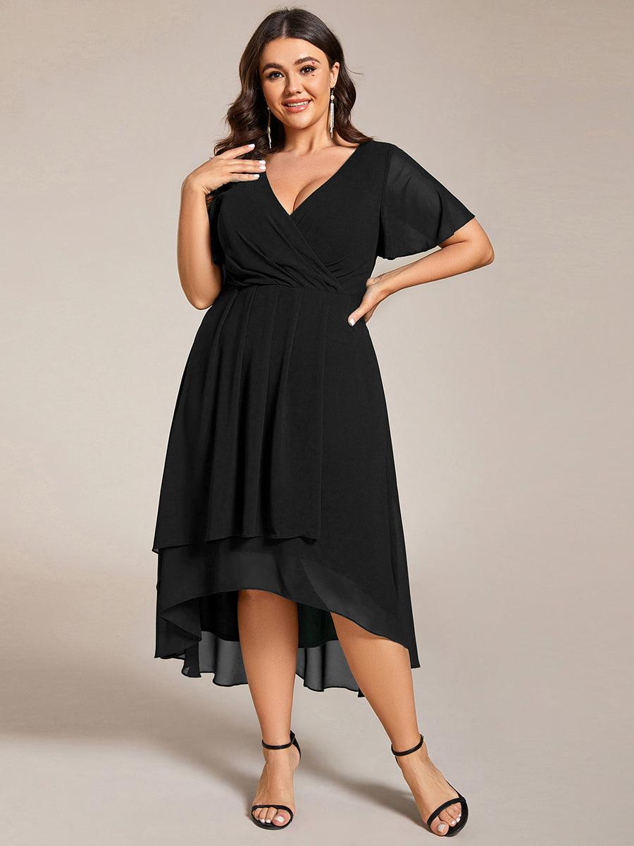 Grande Taille Robe D'invit?¡ã| De Mariage Mi-Longue Pliss?¡ã|e En Mousseline De Soie ?¡㡧N Manches Courtes Et Col En V De #Couleur_Noir