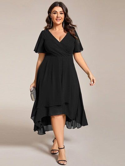 pretty LARK|Grande Taille Robe Dinvit De Mariage Mi-Longue Plisse En Mousseline De Soie Manches Courtes Et Col En V De