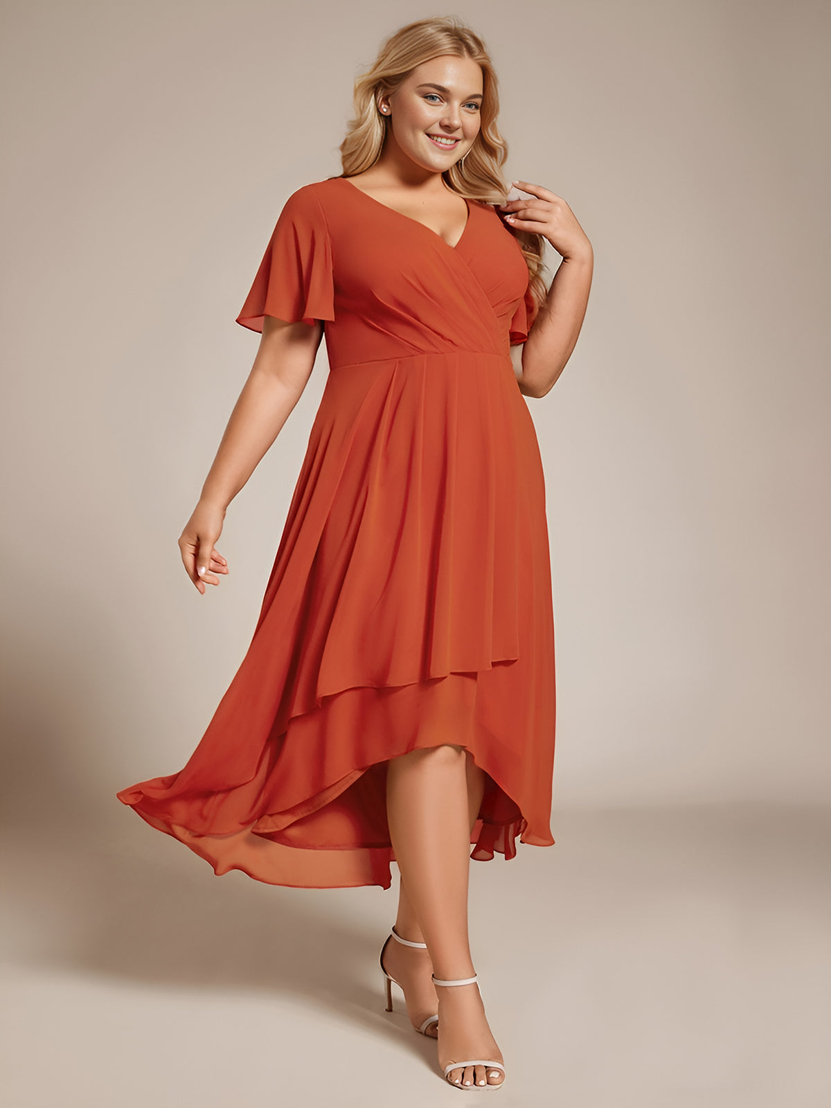 Grande Taille Robe D'invit???| De Mariage Mi-Longue Pliss???|e En Mousseline De Soie ???N Manches Courtes Et Col En V De #Couleur_Burnt Orange