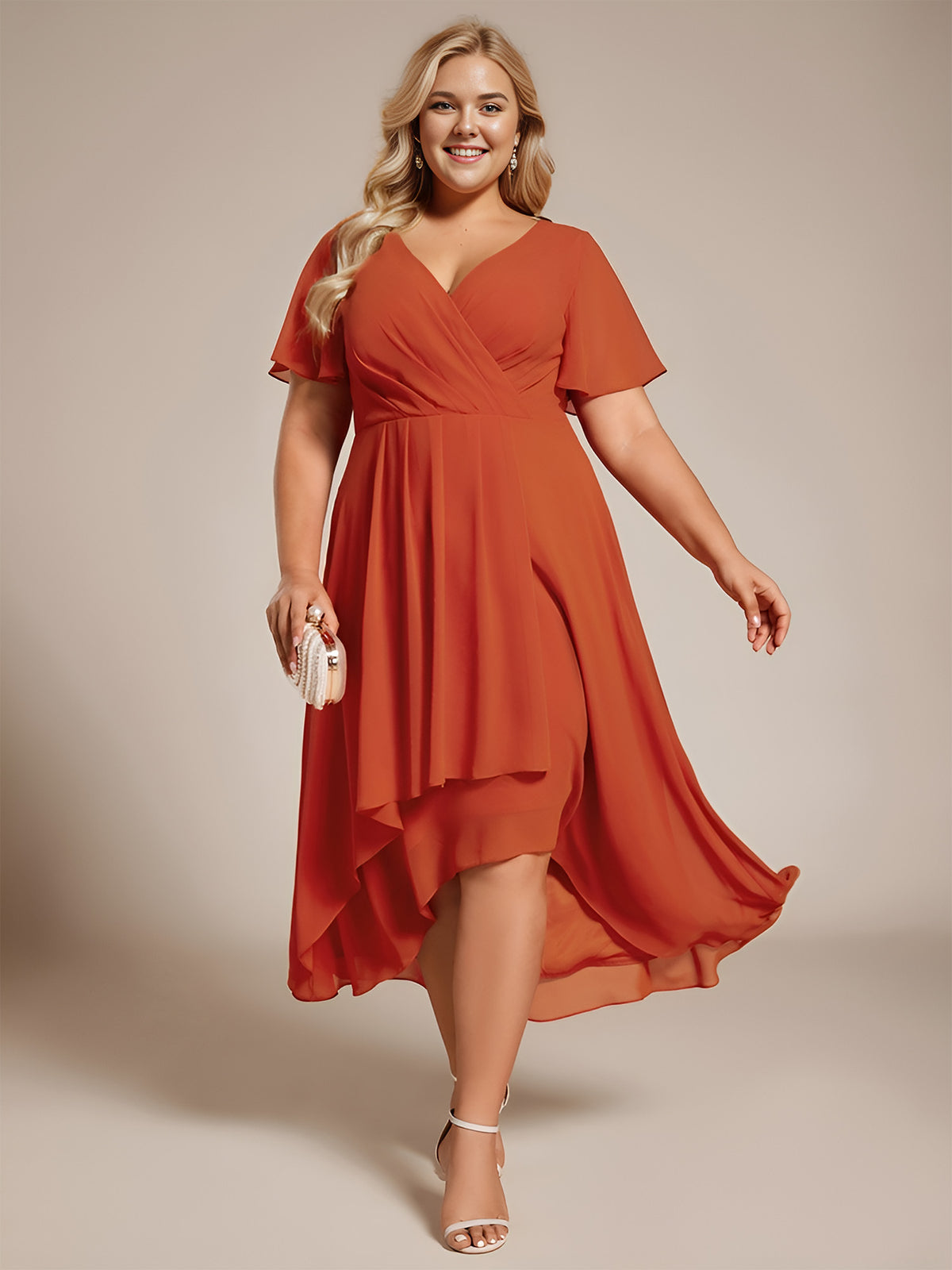 Grande Taille Robe D'invit???| De Mariage Mi-Longue Pliss???|e En Mousseline De Soie ???N Manches Courtes Et Col En V De #Couleur_Burnt Orange