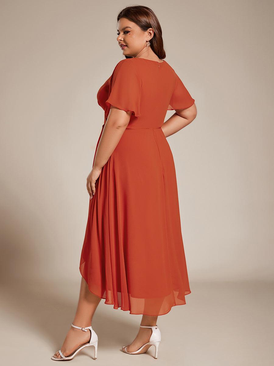 Grande Taille Robe D'invit?¡ã| De Mariage Mi-Longue Pliss?¡ã|e En Mousseline De Soie ?¡㡧N Manches Courtes Et Col En V De #Couleur_Burnt Orange