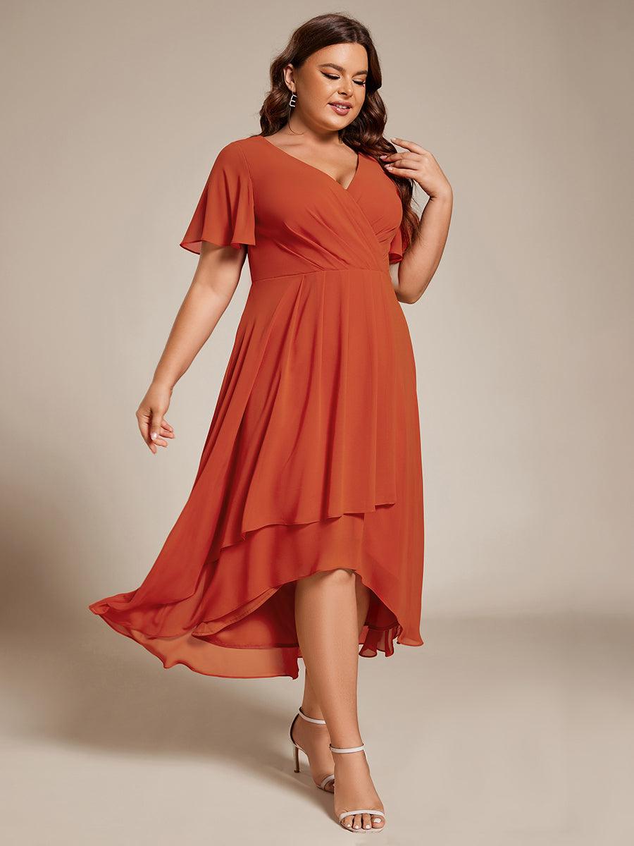 Grande Taille Robe D'invit?¡ã| De Mariage Mi-Longue Pliss?¡ã|e En Mousseline De Soie ?¡㡧N Manches Courtes Et Col En V De #Couleur_Burnt Orange