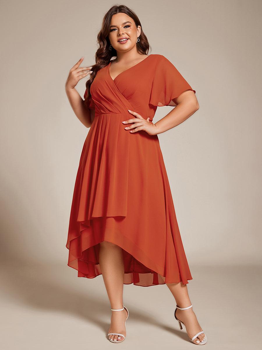 Grande Taille Robe D'invit?¡ã| De Mariage Mi-Longue Pliss?¡ã|e En Mousseline De Soie ?¡㡧N Manches Courtes Et Col En V De #Couleur_Burnt Orange
