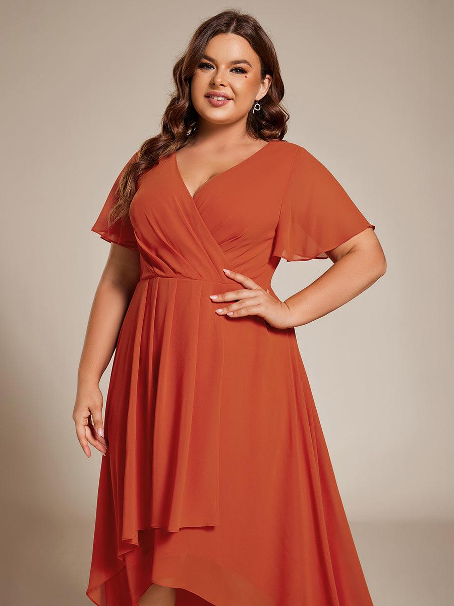 Grande Taille Robe D'invit?¡ã| De Mariage Mi-Longue Pliss?¡ã|e En Mousseline De Soie ?¡㡧N Manches Courtes Et Col En V De #Couleur_Burnt Orange