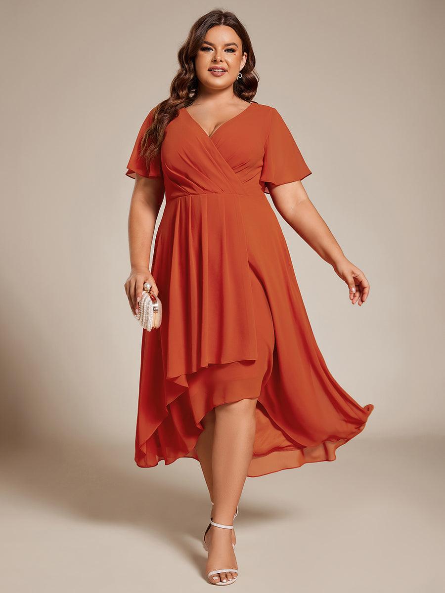 Grande Taille Robe D'invit?¡ã| De Mariage Mi-Longue Pliss?¡ã|e En Mousseline De Soie ?¡㡧N Manches Courtes Et Col En V De #Couleur_Burnt Orange