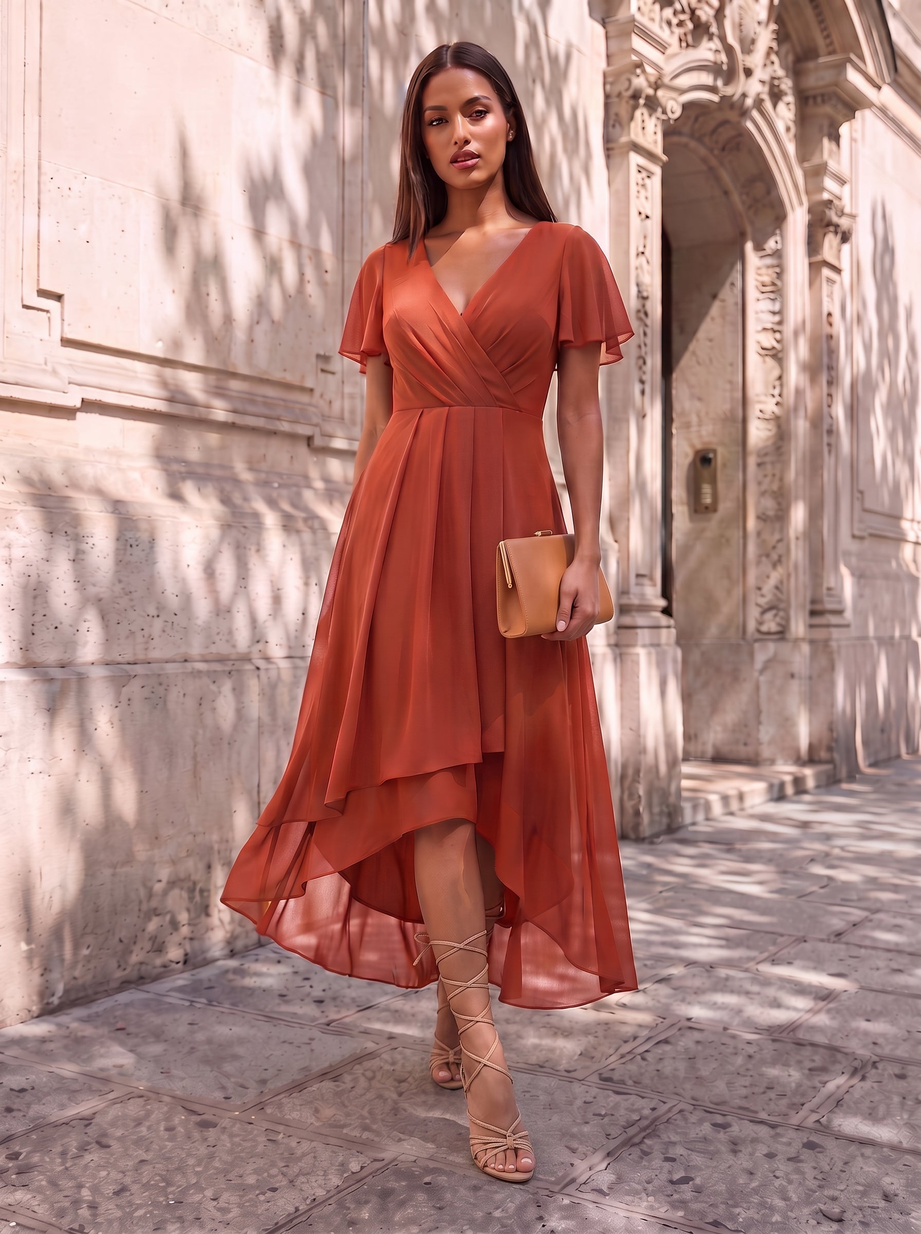 Robe D'invité De Mariage En Mousseline De Soie Mi-Longue Plissée à Manches à Volants Et Col En V #Couleur_Burnt Orange