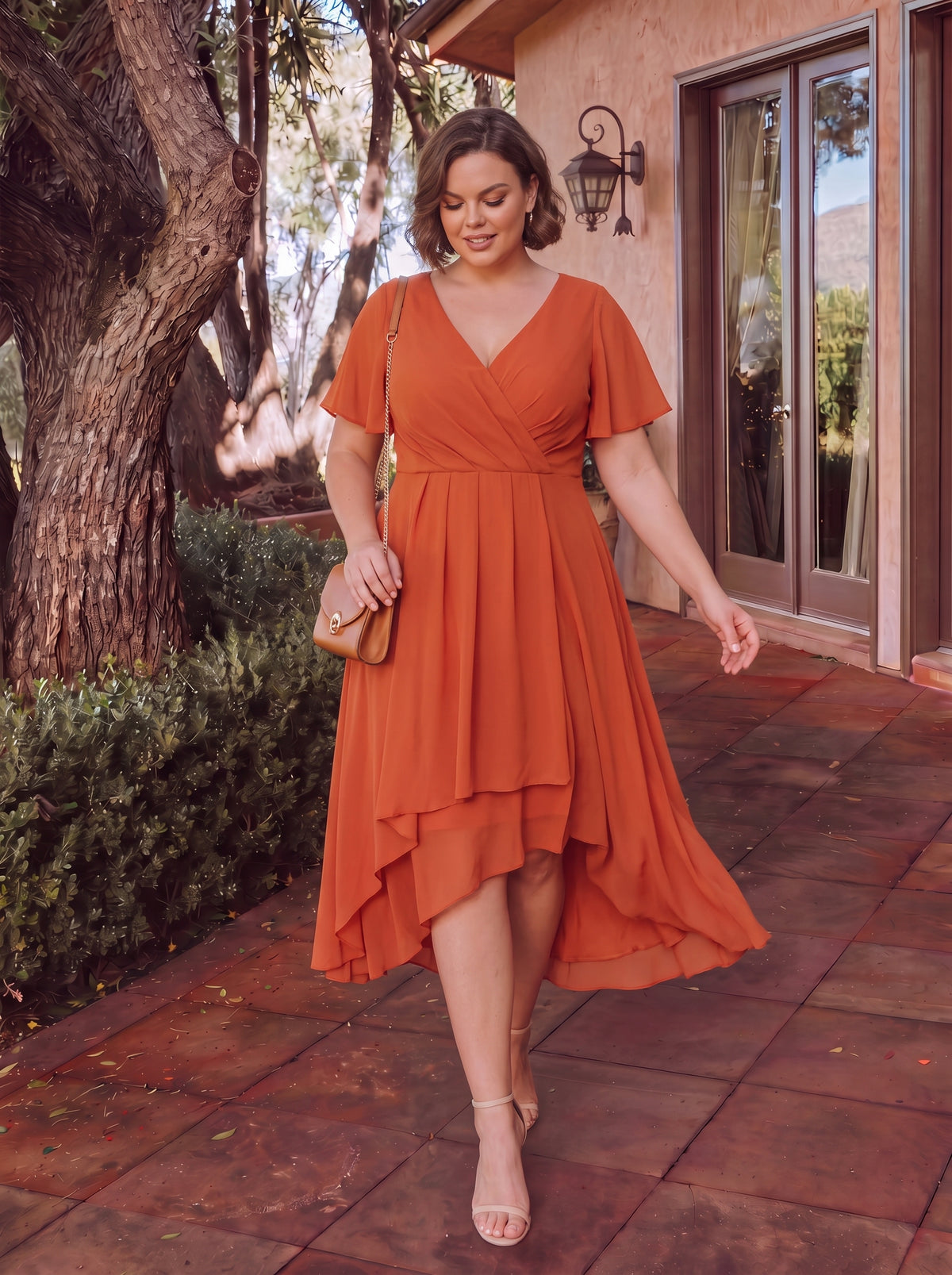 Grande Taille Robe D'invit???| De Mariage Mi-Longue Pliss???|e En Mousseline De Soie ???N Manches Courtes Et Col En V De #Couleur_Burnt Orange