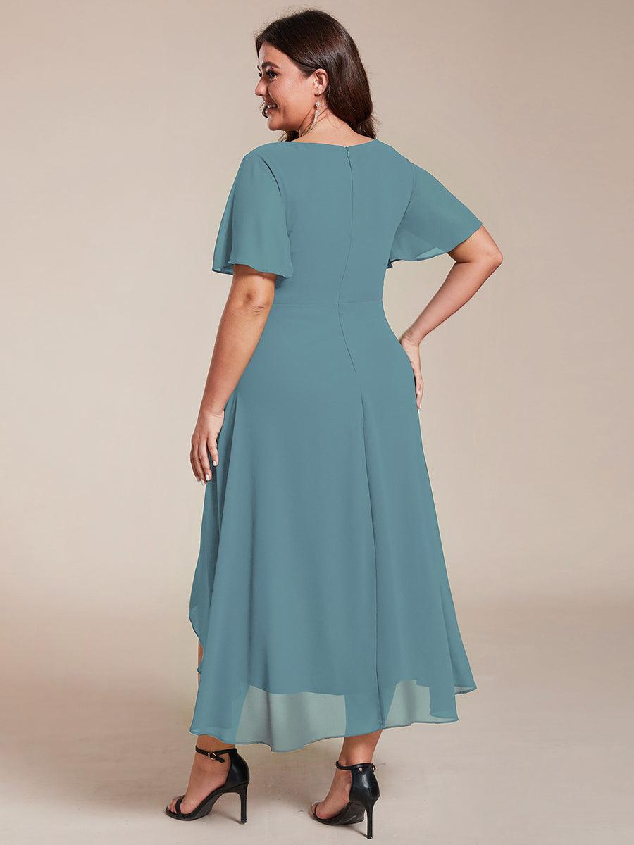 Grande Taille Robe D'invit?¡ã| De Mariage Mi-Longue Pliss?¡ã|e En Mousseline De Soie ?¡㡧N Manches Courtes Et Col En V De #Couleur_Bleu Fume