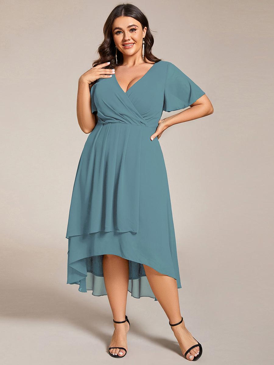Grande Taille Robe D'invit?¡ã| De Mariage Mi-Longue Pliss?¡ã|e En Mousseline De Soie ?¡㡧N Manches Courtes Et Col En V De #Couleur_Bleu Fume