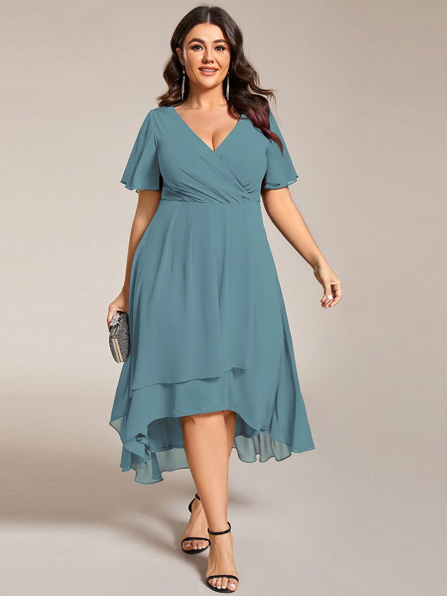 Grande Taille Robe D'invit?¡ã| De Mariage Mi-Longue Pliss?¡ã|e En Mousseline De Soie ?¡㡧N Manches Courtes Et Col En V De #Couleur_Bleu Fume