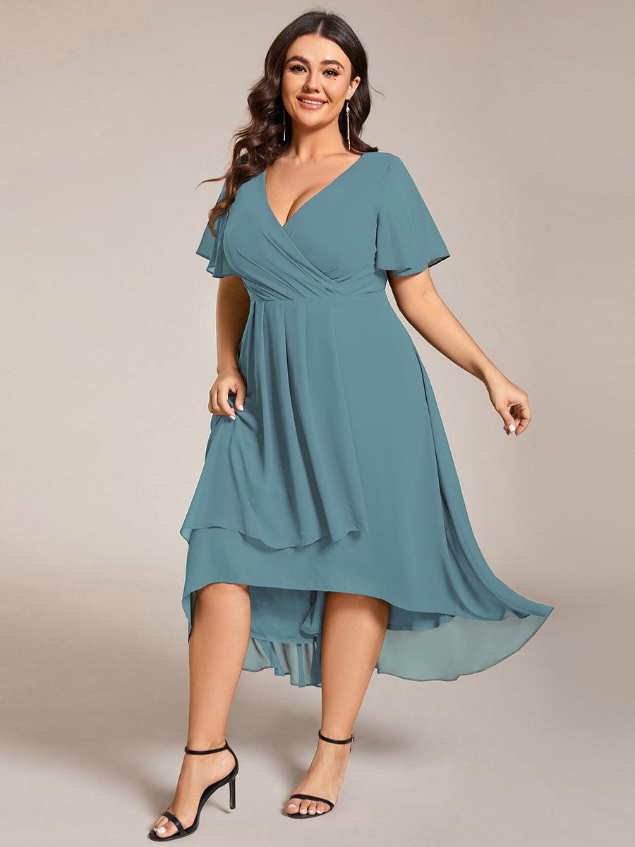 Grande Taille Robe D'invit?¡ã| De Mariage Mi-Longue Pliss?¡ã|e En Mousseline De Soie ?¡㡧N Manches Courtes Et Col En V De #Couleur_Bleu Fume