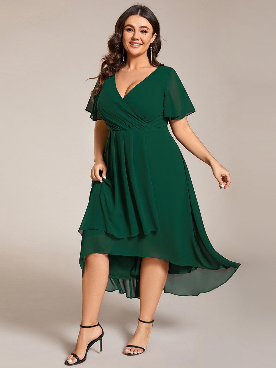 Grande Taille Robe D'invit?¡ã| De Mariage Mi-Longue Pliss?¡ã|e En Mousseline De Soie ?¡㡧N Manches Courtes Et Col En V De #Couleur_Vert Fonce