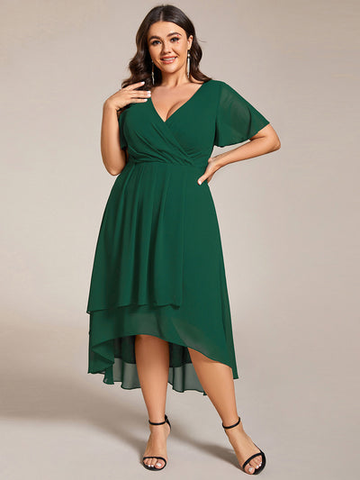 pretty LARK|Grande Taille Robe Dinvit De Mariage Mi-Longue Plisse En Mousseline De Soie Manches Courtes Et Col En V De