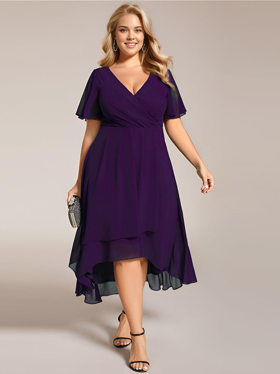 Grande Taille Robe D'invit?¡ã| De Mariage Mi-Longue Pliss?¡ã|e En Mousseline De Soie ?¡㡧N Manches Courtes Et Col En V De #Couleur_Violet Fonce