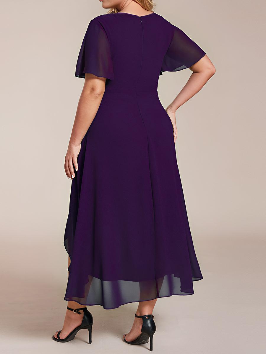 Grande Taille Robe D'invit?¡ã| De Mariage Mi-Longue Pliss?¡ã|e En Mousseline De Soie ?¡㡧N Manches Courtes Et Col En V De #Couleur_Violet Fonce