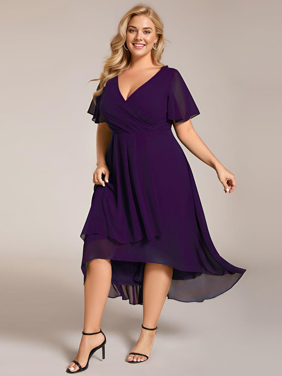 Grande Taille Robe D'invit?¡ã| De Mariage Mi-Longue Pliss?¡ã|e En Mousseline De Soie ?¡㡧N Manches Courtes Et Col En V De #Couleur_Violet Fonce