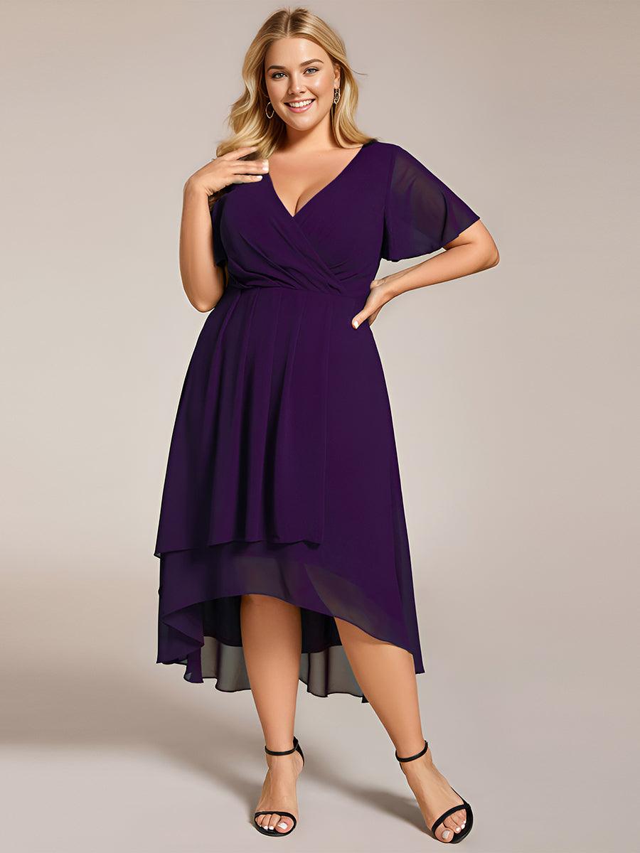 Grande Taille Robe D'invit?¡ã| De Mariage Mi-Longue Pliss?¡ã|e En Mousseline De Soie ?¡㡧N Manches Courtes Et Col En V De #Couleur_Violet Fonce