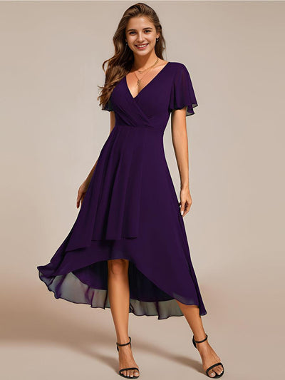 ever LARK|Robe de soirée midi en mousseline plissée à col en V et manches volantées