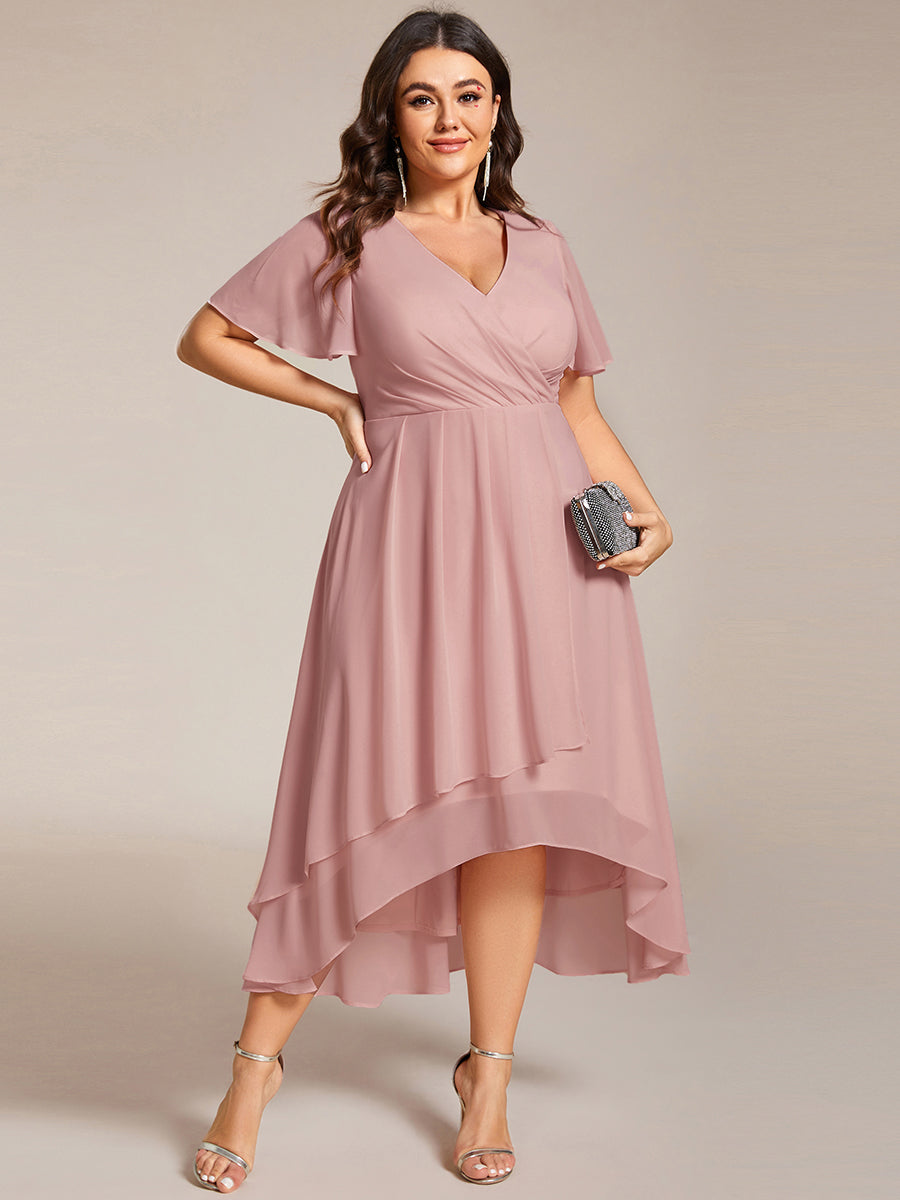 Robe D'invité De Mariage En Mousseline De Soie Mi-Longue Plissée à Manches à Volants Et Col En V  #Couleur_Rose fumee
