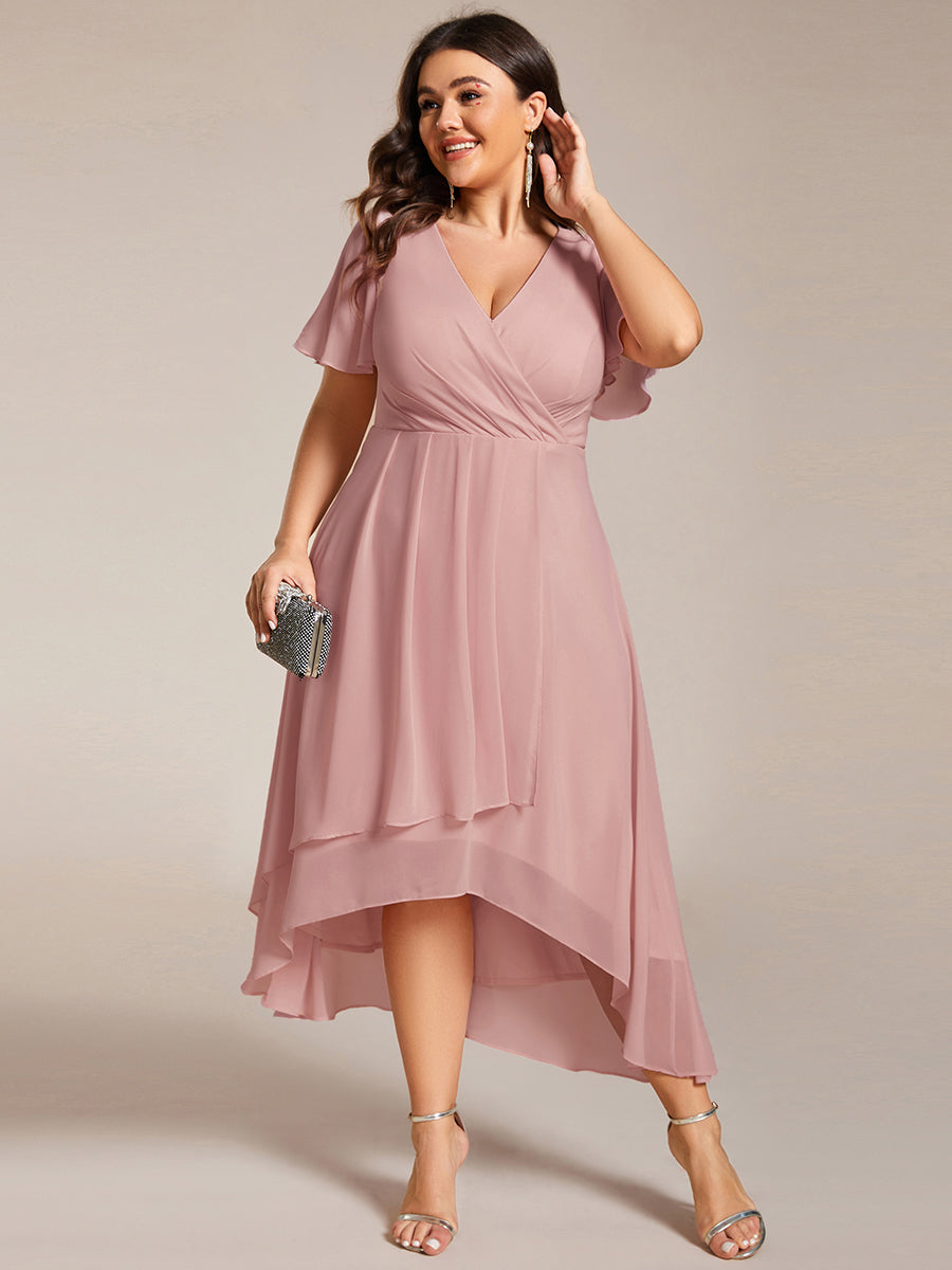 Robe D'invité De Mariage En Mousseline De Soie Mi-Longue Plissée à Manches à Volants Et Col En V  #Couleur_Rose fumee
