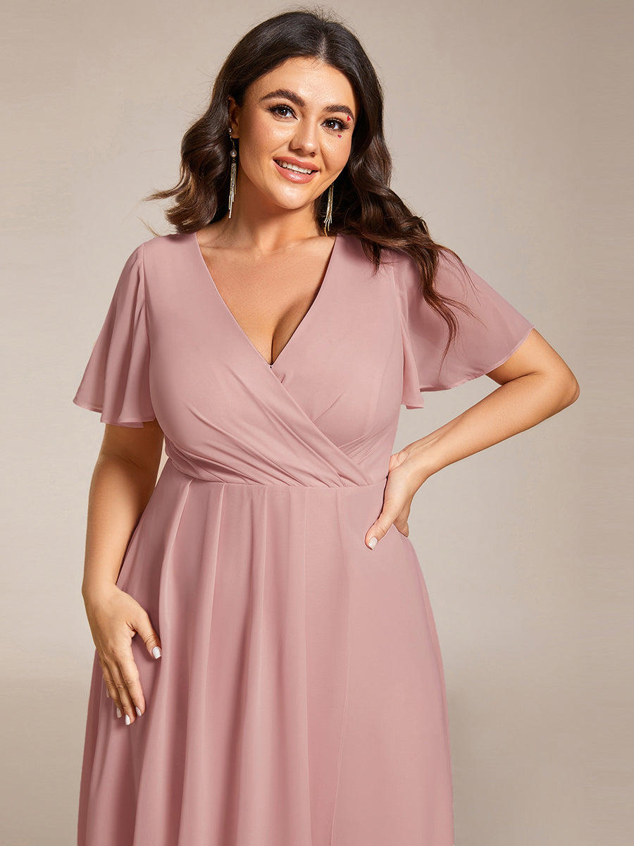 Robe D'invité De Mariage En Mousseline De Soie Mi-Longue Plissée à Manches à Volants Et Col En V  #Couleur_Rose fumee