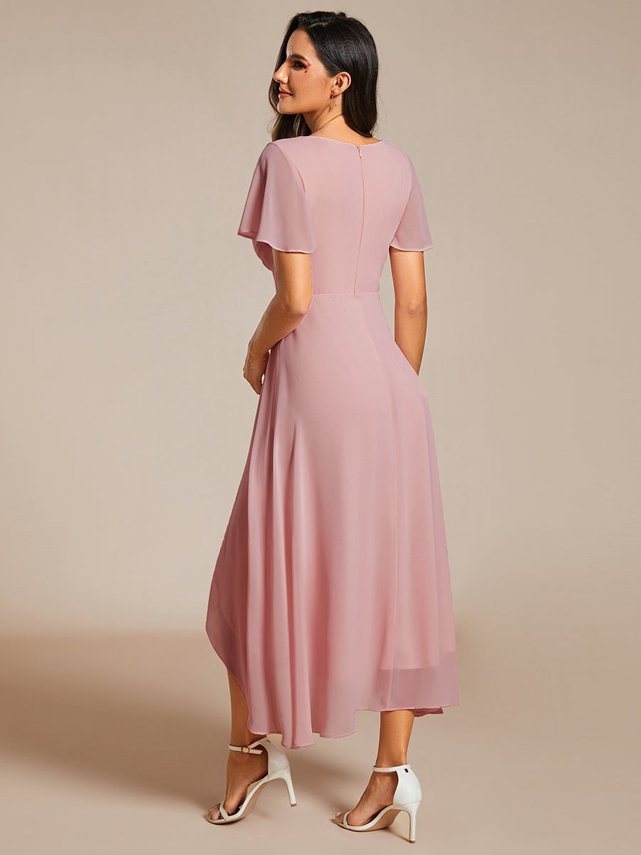 Robe D'invité De Mariage En Mousseline De Soie Mi-Longue Plissée à Manches à Volants Et Col En V  #Couleur_Rose fumee