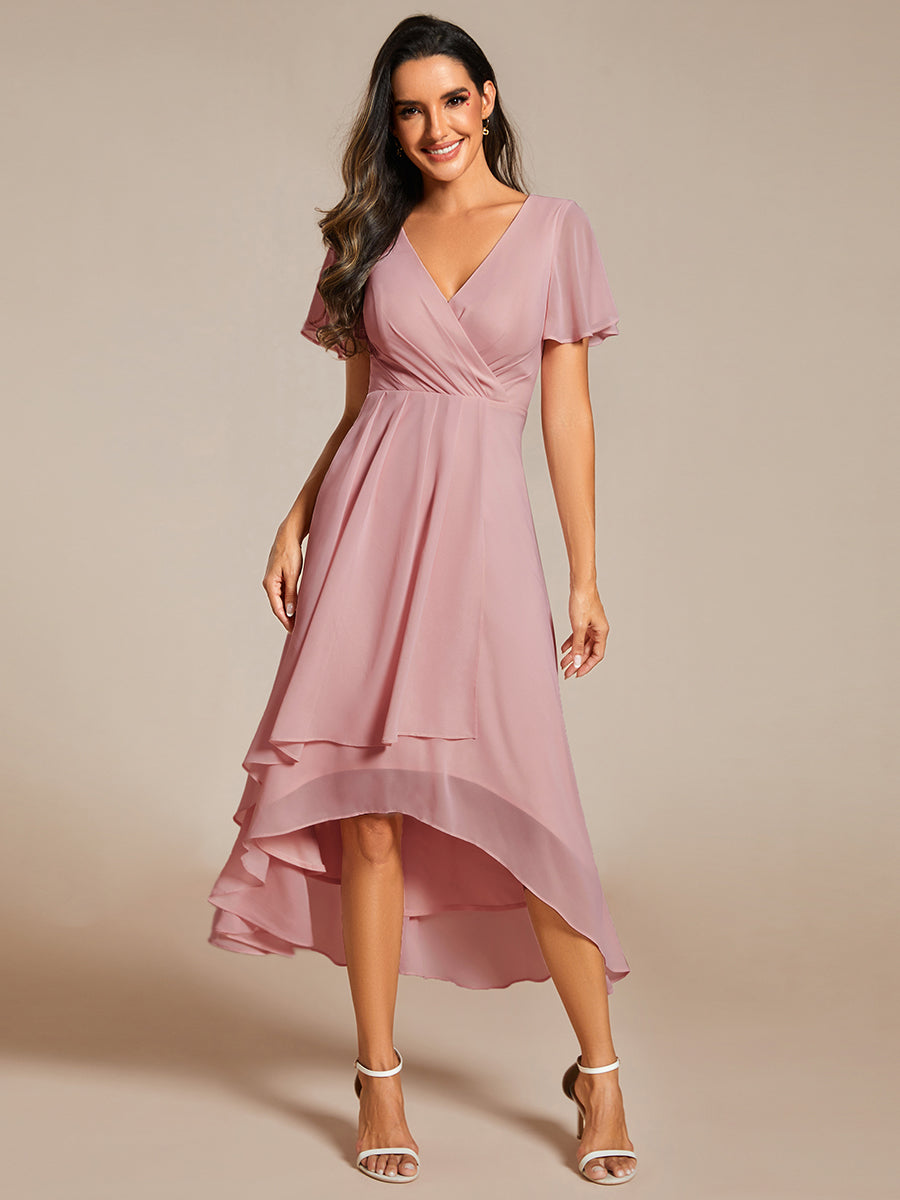 Robe D'invité De Mariage En Mousseline De Soie Mi-Longue Plissée à Manches à Volants Et Col En V  #Couleur_Rose fumee