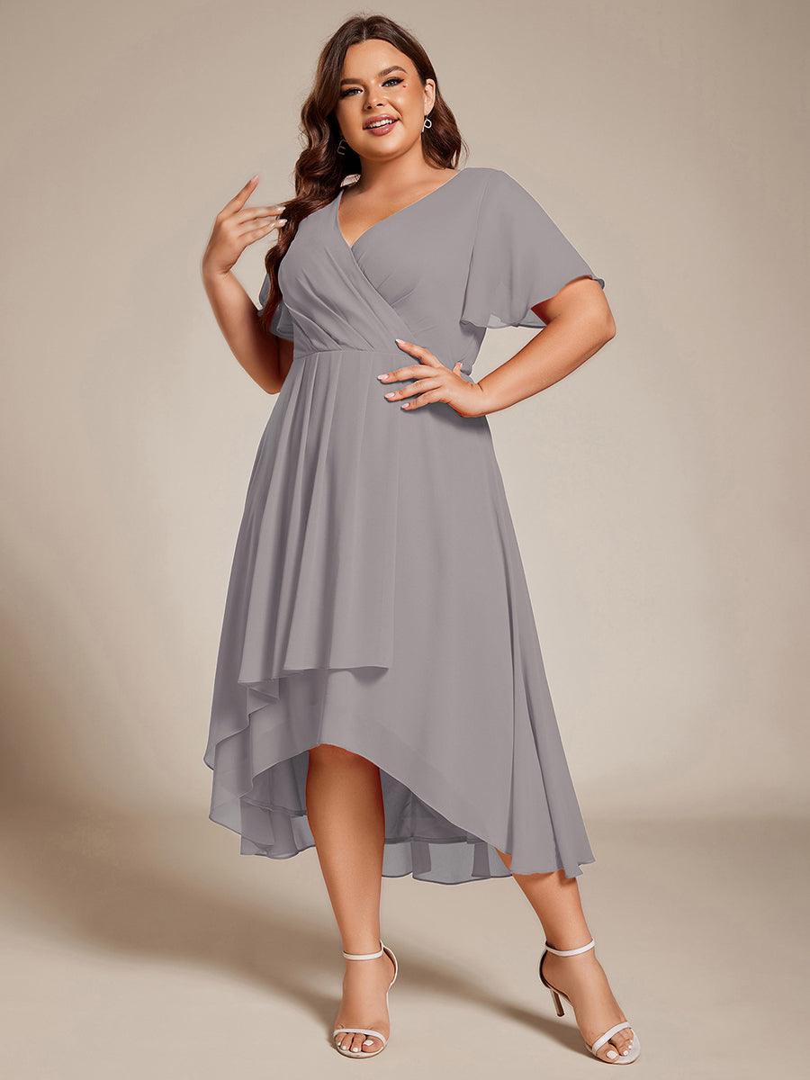 Grande Taille Robe D'invit?¡ã| De Mariage Mi-Longue Pliss?¡ã|e En Mousseline De Soie ?¡㡧N Manches Courtes Et Col En V De #Couleur_Gris