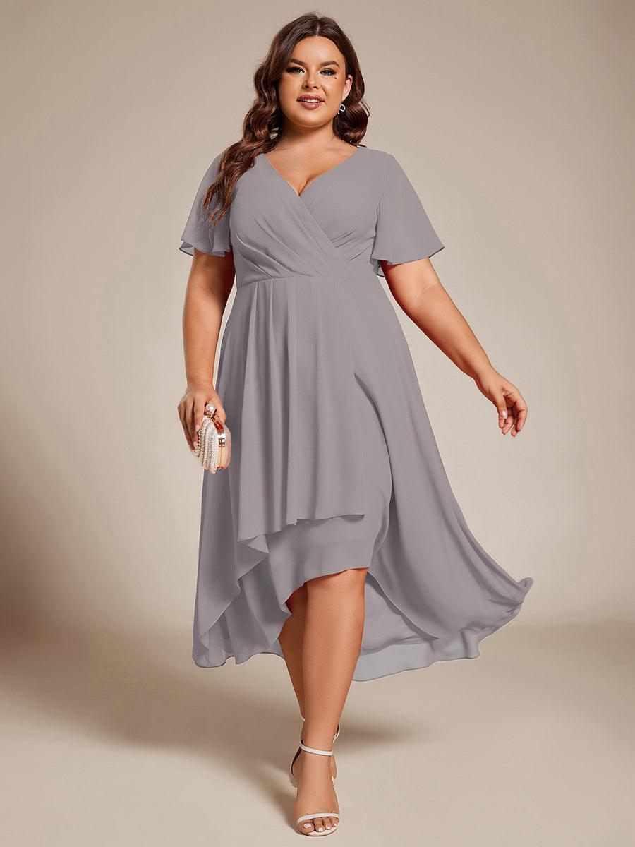 Grande Taille Robe D'invit?¡ã| De Mariage Mi-Longue Pliss?¡ã|e En Mousseline De Soie ?¡㡧N Manches Courtes Et Col En V De #Couleur_Gris