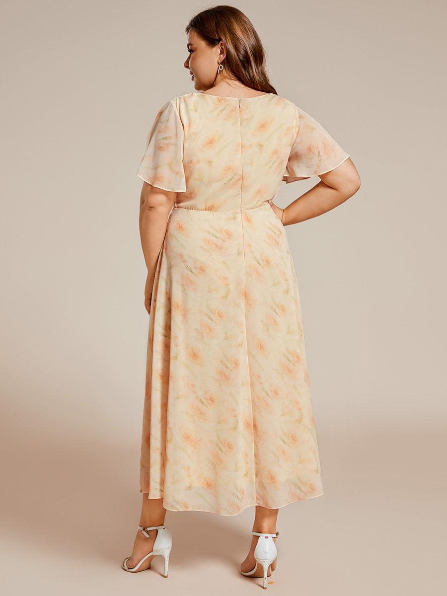 Grande Taille Robe D'invit?¡ã| De Mariage Mi-Longue Pliss?¡ã|e En Mousseline De Soie ?¡㡧N Manches Courtes Et Col En V De #Couleur_Roses Dorées