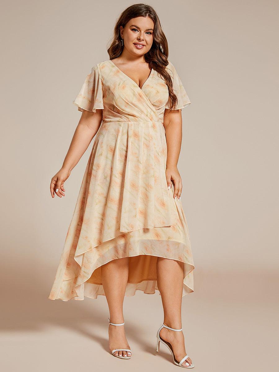 Grande Taille Robe D'invit?¡ã| De Mariage Mi-Longue Pliss?¡ã|e En Mousseline De Soie ?¡㡧N Manches Courtes Et Col En V De #Couleur_Roses Dorées
