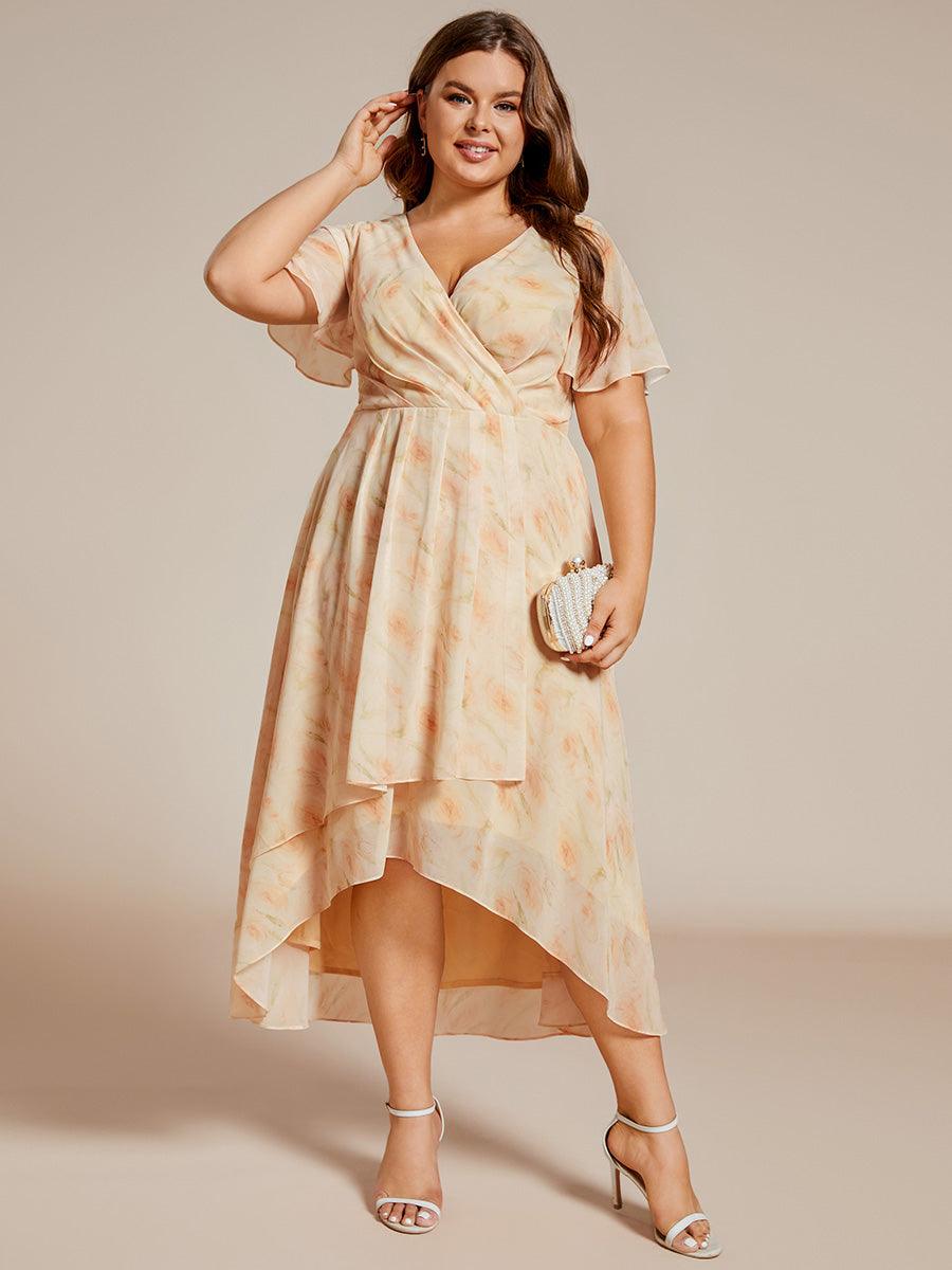 Grande Taille Robe D'invit?¡ã| De Mariage Mi-Longue Pliss?¡ã|e En Mousseline De Soie ?¡㡧N Manches Courtes Et Col En V De #Couleur_Roses Dorées