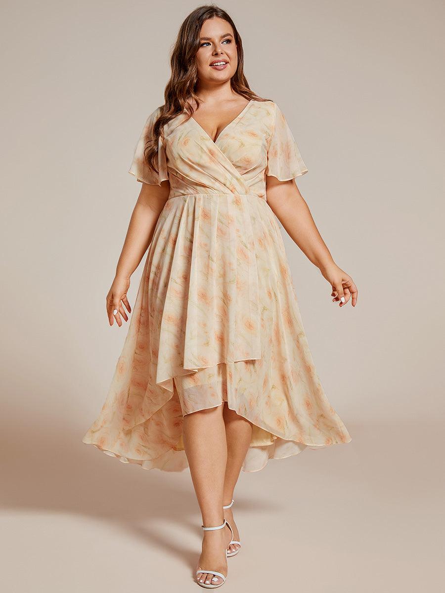 Grande Taille Robe D'invit?¡ã| De Mariage Mi-Longue Pliss?¡ã|e En Mousseline De Soie ?¡㡧N Manches Courtes Et Col En V De #Couleur_Roses Dorées
