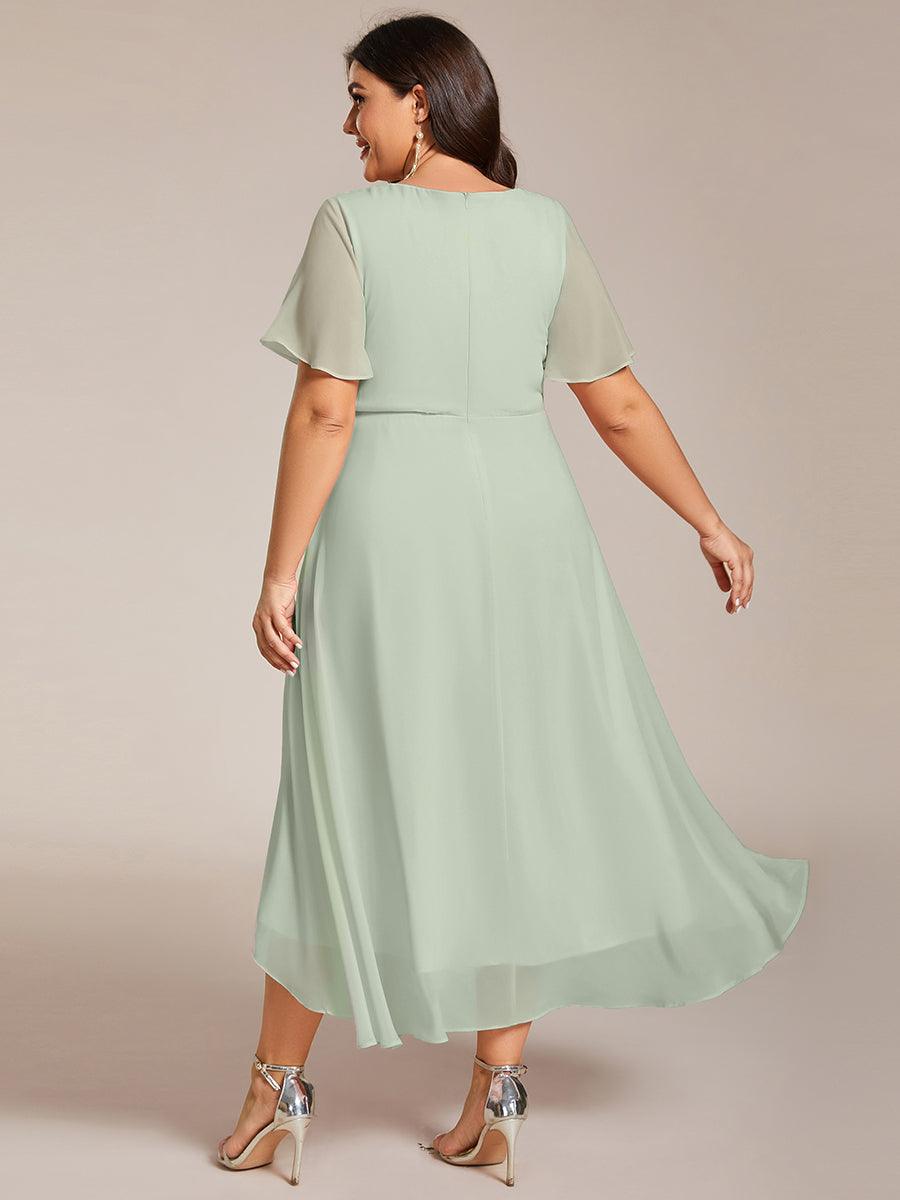 Grande Taille Robe D'invit?¡ã| De Mariage Mi-Longue Pliss?¡ã|e En Mousseline De Soie ?¡㡧N Manches Courtes Et Col En V De #Couleur_Menthe Verte