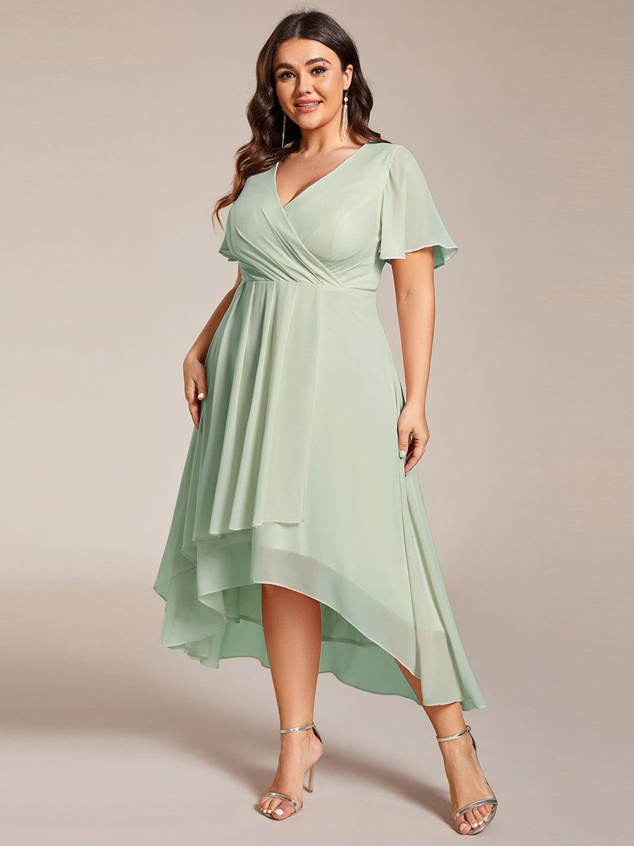 Grande Taille Robe D'invit?¡ã| De Mariage Mi-Longue Pliss?¡ã|e En Mousseline De Soie ?¡㡧N Manches Courtes Et Col En V De #Couleur_Menthe Verte