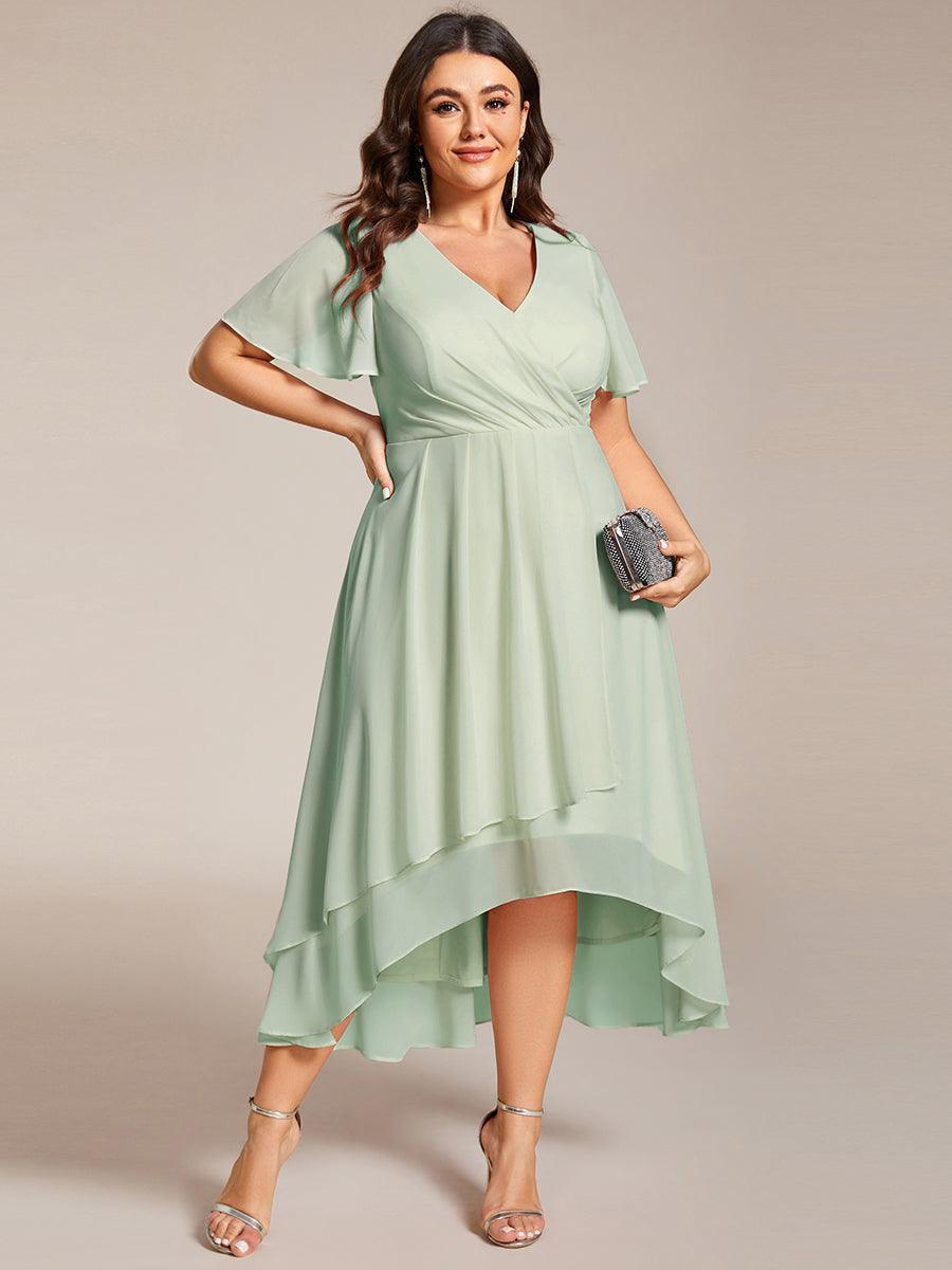 Grande Taille Robe D'invit?¡ã| De Mariage Mi-Longue Pliss?¡ã|e En Mousseline De Soie ?¡㡧N Manches Courtes Et Col En V De #Couleur_Menthe Verte