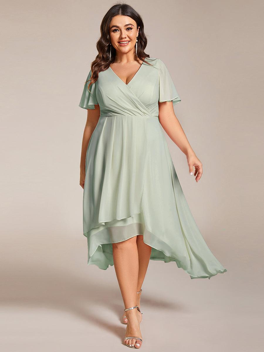 Grande Taille Robe D'invit?¡ã| De Mariage Mi-Longue Pliss?¡ã|e En Mousseline De Soie ?¡㡧N Manches Courtes Et Col En V De #Couleur_Menthe Verte