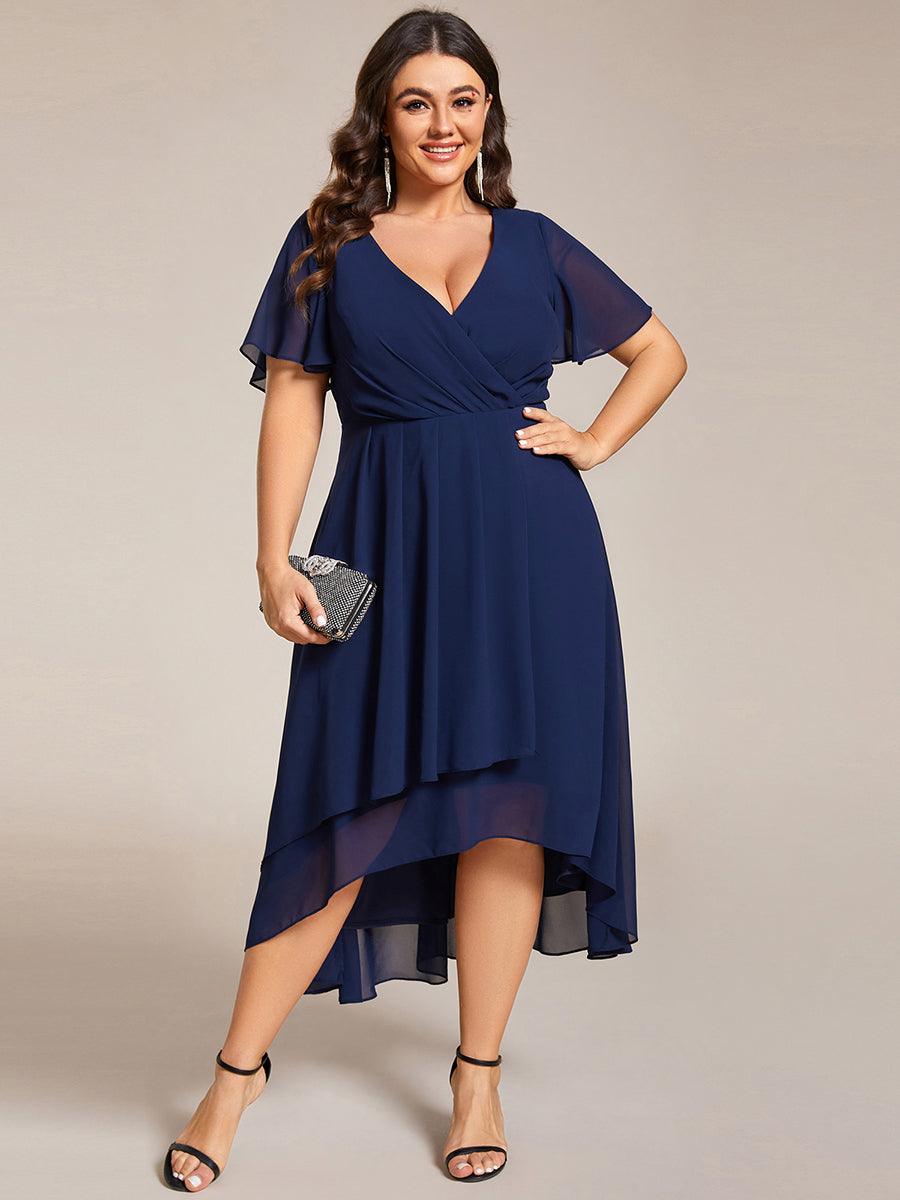 Grande Taille Robe D'invit?¡ã| De Mariage Mi-Longue Pliss?¡ã|e En Mousseline De Soie ?¡㡧N Manches Courtes Et Col En V De #Couleur_Bleu Marine